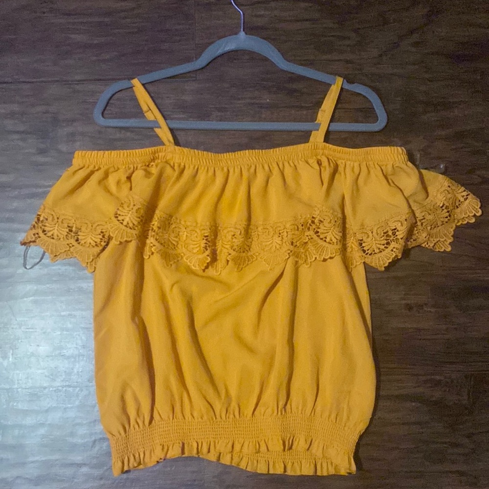Dark yellow off the shoulder blouse